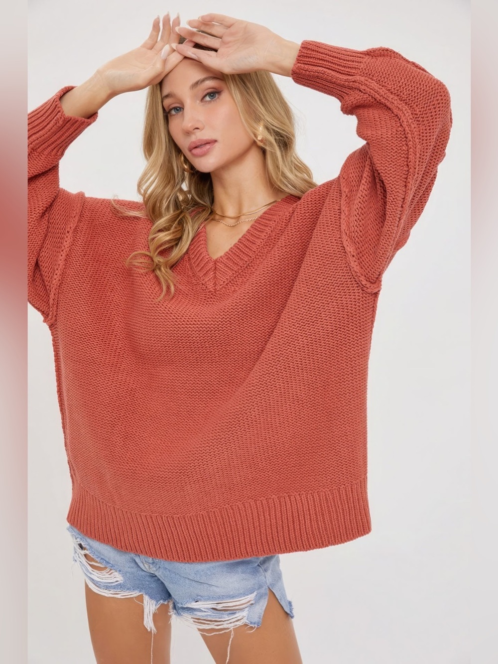 Oversized V-Neck Knit Sweater - Dusty Coral